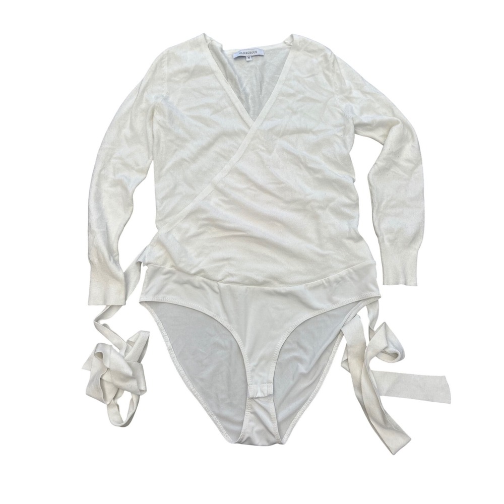 Olivaceous White Lightweight Sweater Faux Wrap Tie Bodysuit Y2K Minimalist M